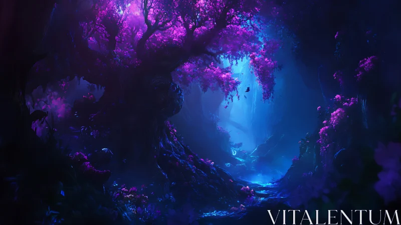 Bioluminescent tree dominates glowing purple forest ravine