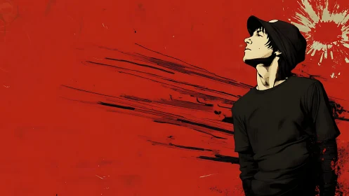 Pensive youth in black against bold red splatter backdrop.