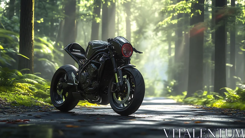 Midnight café racer pausing beneath cathedral pines.