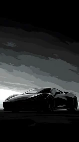 Sleek black supercar waits under brooding storm clouds.