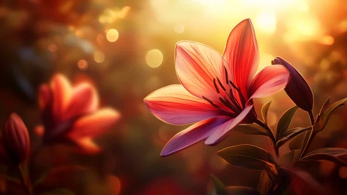 Red Lily Illuminated by Golden Sunlight.