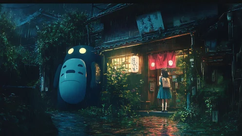 Rain-soaked alley guardians at a lantern-lit midnight shopfront.