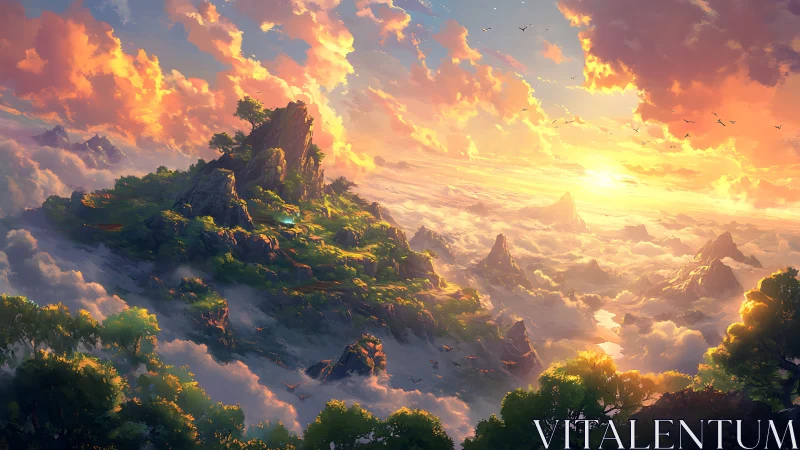 Sunlit floating mountains rise above a glowing cloud sea