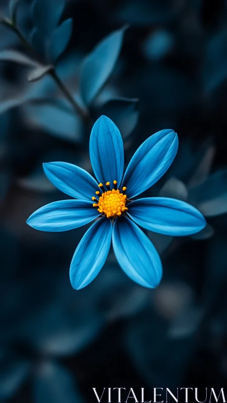 Vivid Blue Daisy with Golden Center in Moody Darkness
