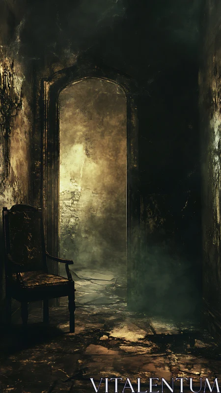 Decayed corridor with arched doorway and volumetric fog rendering
