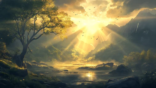 Sunrise carves golden rivers of light through misty valley