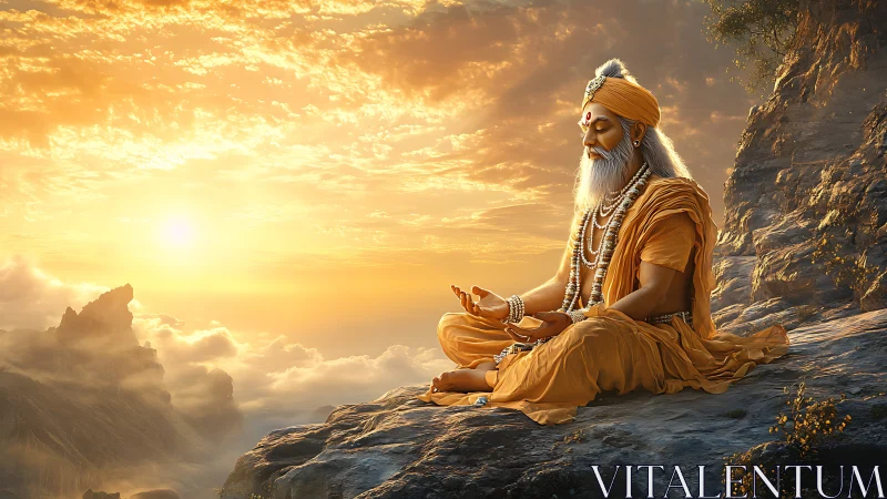 Mountain sage in sunrise meditation above glowing clouds.