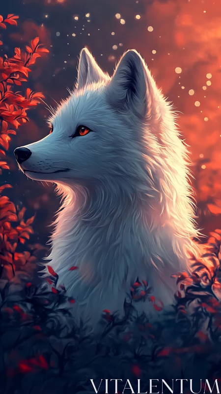 White fox profile in red foliage under glowing sky.