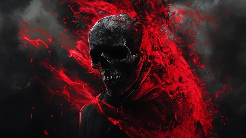 Flaming crimson skull dissolves into violent scarlet smoke
