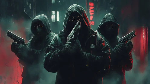 Hooded armed figures in neon lit urban alley at night.