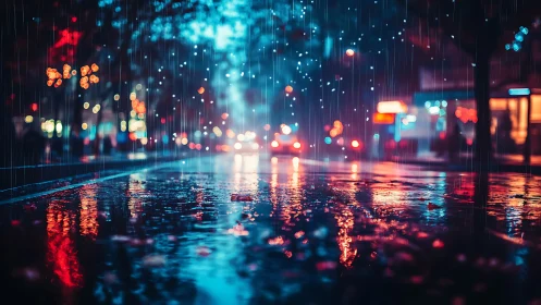 Neon rain-soaked city street with cinematic depth of field.