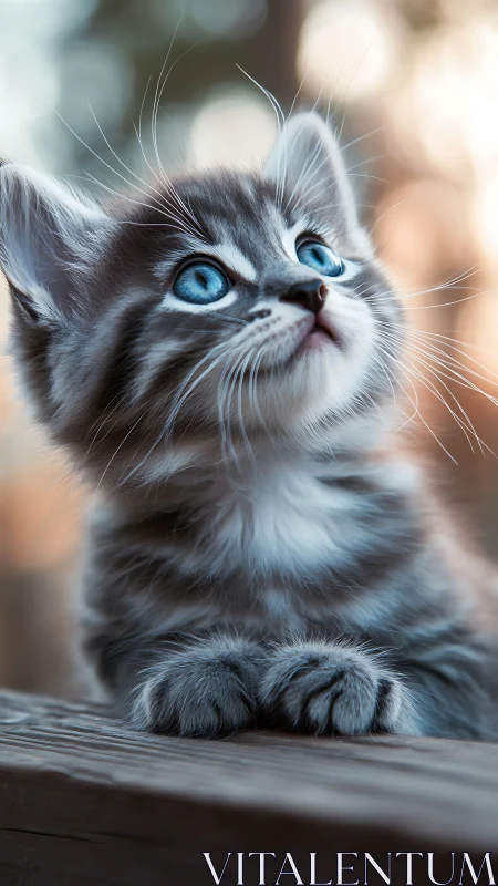 Adorable Gray Kitten Gazes Upward With Sparkling Blue Eyes