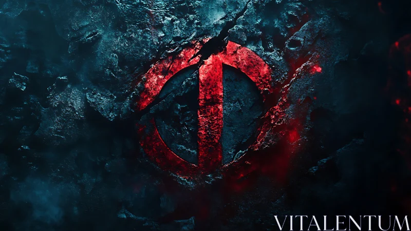 Cracked red emblem glows through dark stone surface dramatically.