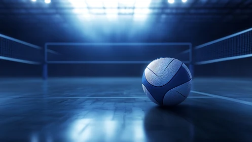 Volleyball rests on glossy indoor court under stadium lights.
