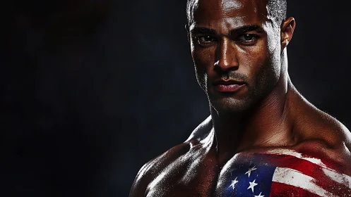 Patriotic muscular portrait with painted American flag shoulder.