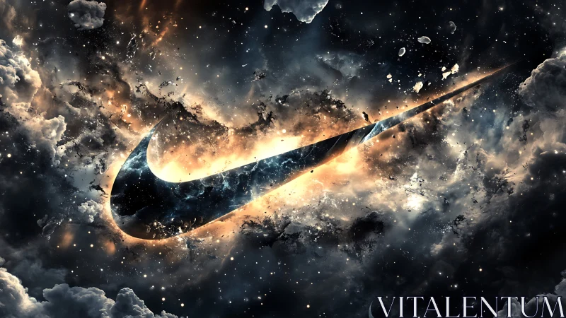 Cosmic swoosh emblem slicing through glowing nebula clouds.