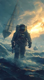 Bold astronaut strides through stormy ocean under glowing sky