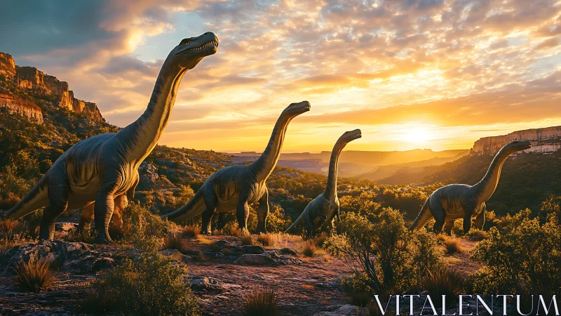 Sauropod dinosaurs traverse rocky valley under vivid sunset