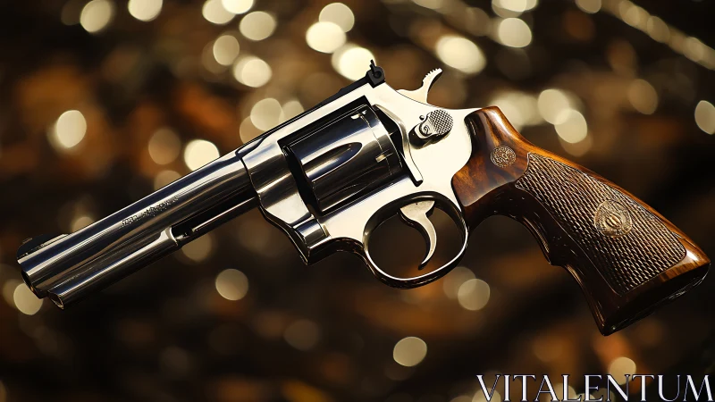 Polished steel revolver with warm wood grip in soft light.