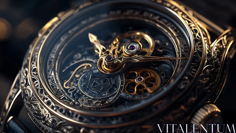 Mechanical wristwatch with ornate skeleton dial in closeup.