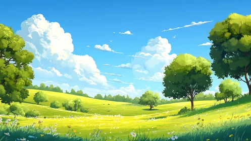 Sunlit meadow with layered cloud masses and stylized foliage