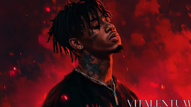 Moody portrait glows as a calm figure rises in red light