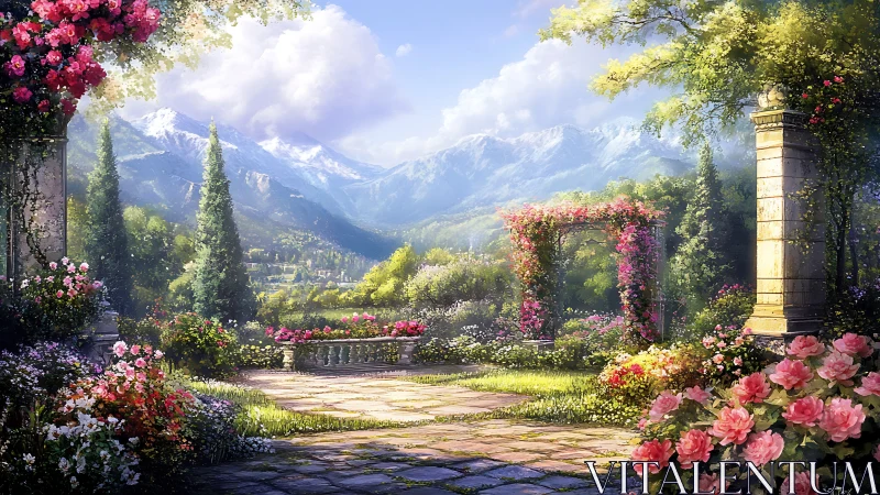 Terraced rose garden courtyard framed by snow-capped alpine range