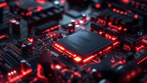 Glowing red microchip powers dense futuristic motherboard
