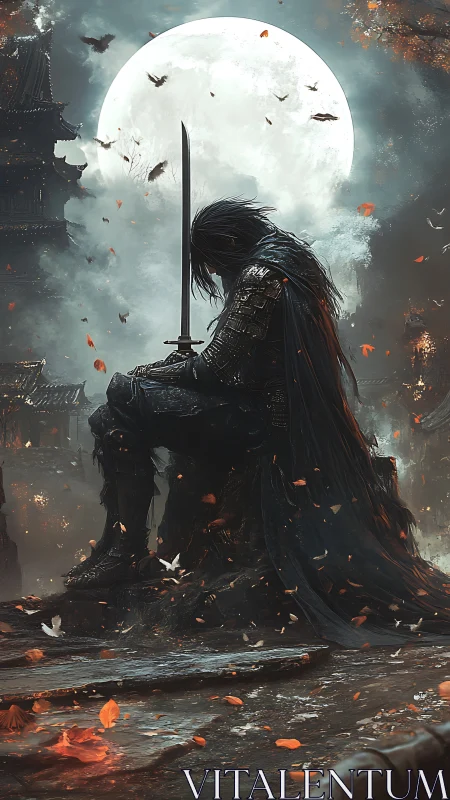 Digital painting of lone samurai before full moon in ruins.