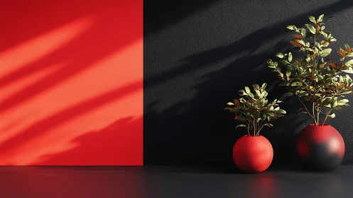 Red black minimal wall with spherical planters and foliage.