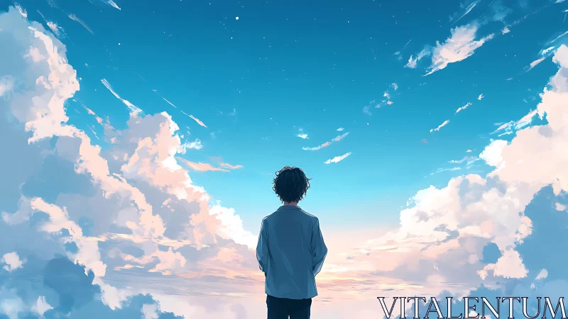 Solitary youth beneath expansive pastel evening sky.