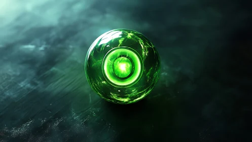 Green luminous orb with concentric core on dark surface.