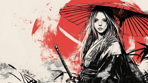Samurai woman with parasol before bold red sun.