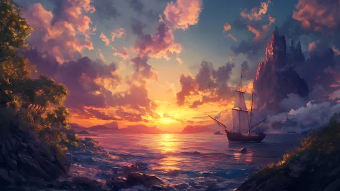 Sailing vessel near coastal cliffs under sunset sky.