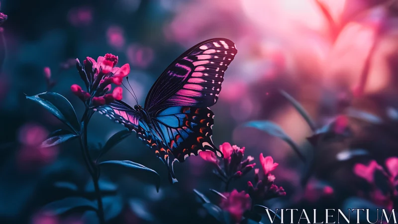 Dreamy twilight butterfly resting among glowing blooms.