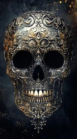 Ornate metallic skull with intricate gold filigree design.