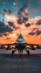 Fighter jet stands poised on runway beneath blazing sunset sky