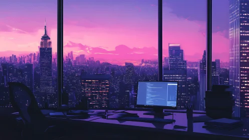 Programmer office overlooks neon dusk city skyline