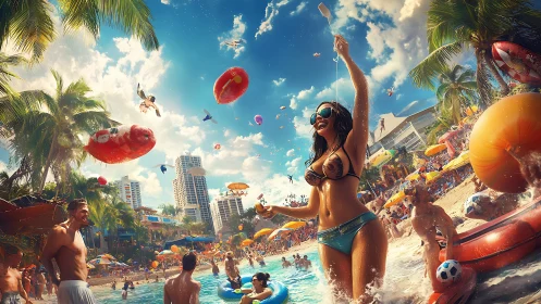 Sunlit tropical pool party erupts with color and energy.