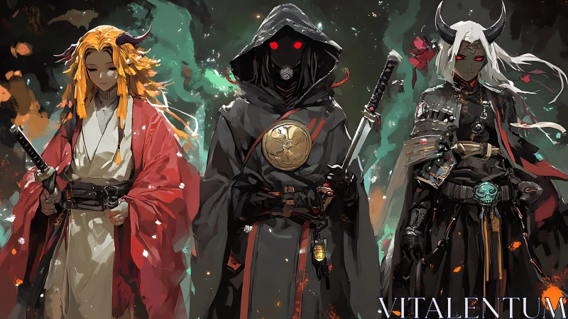 Three demon samurai warriors in dramatic fantasy lineup.