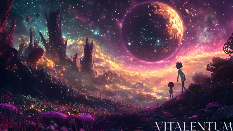 Stargazing friends under a glowing cosmic sky of wonder.