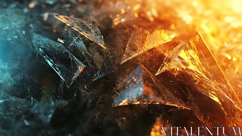 Shattered crystal shards under fiery and icy lighting contrast.