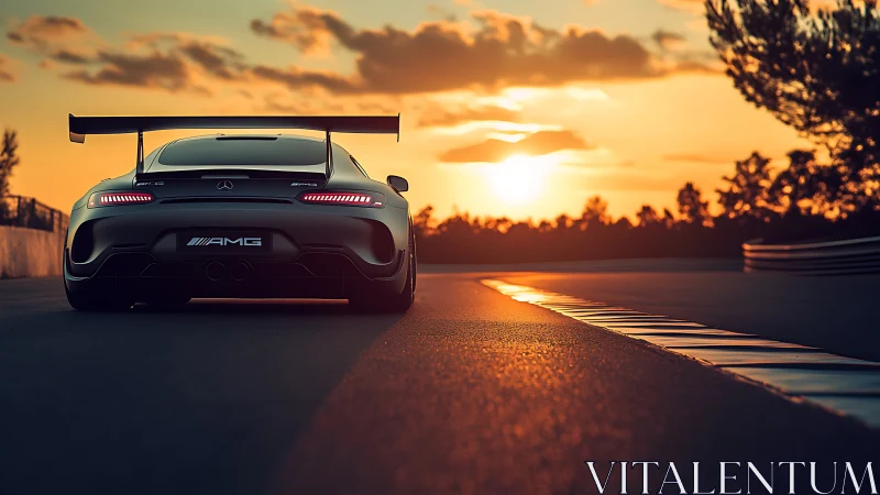 Track-ready Mercedes AMG GT dominates sunset circuit scene.