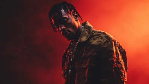 Low key portrait with dramatic red backlight and hard rim lighting