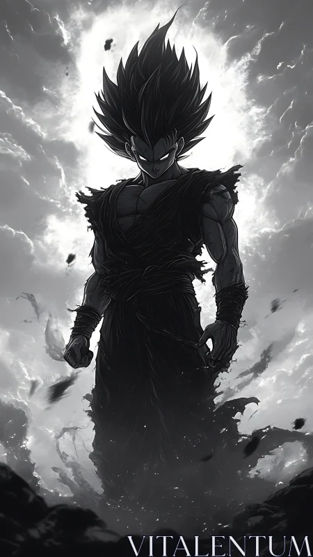 Dark anime warrior in dramatic backlit storm scene.