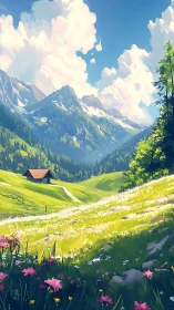 Alpine meadow valley with distant peaks and wooden chalet