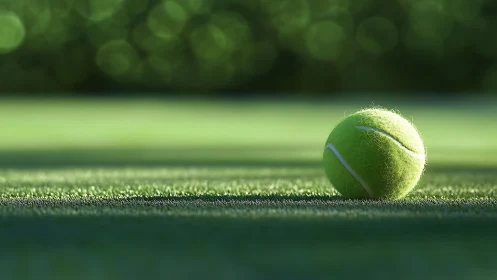 Sunlit tennis ball pausing on emerald grass between rallies.