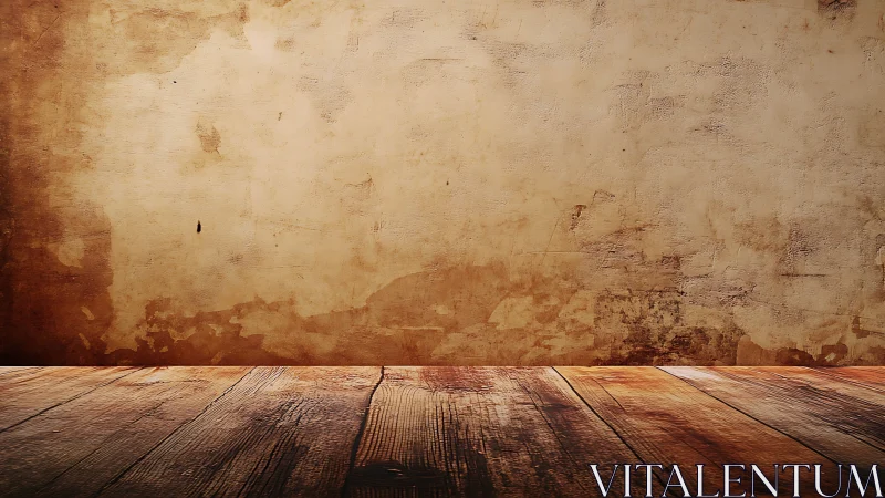 Sunlit wooden table against timeworn rustic plaster wall.