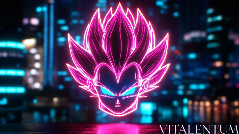 Neon magenta anime head hologram in futuristic cityscape