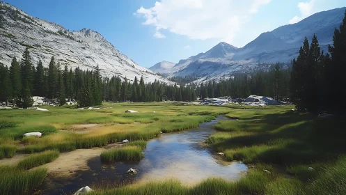 Quiet mountain meadow stream under wide summer skies.